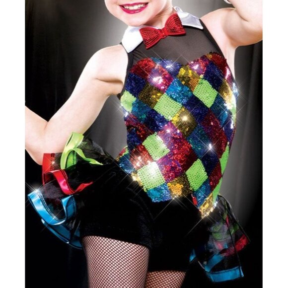 Girls Sequin Harlequin Dance Costume Ruffle Tutu Sequin Bowtie Broadway Star ISC - Picture 11 of 11